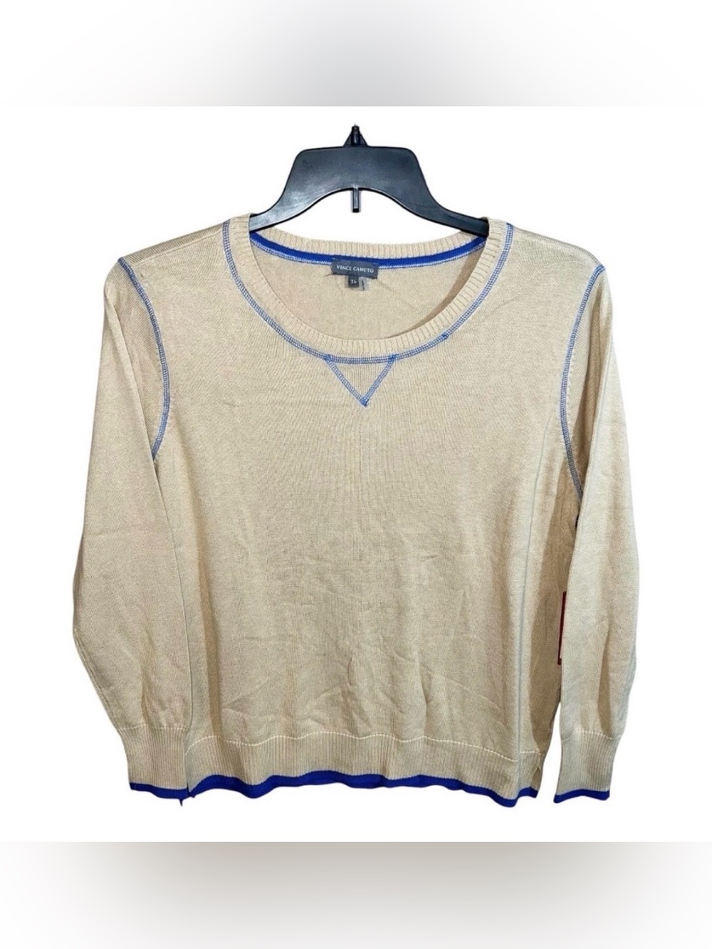 Vince Camuto Sweater Women’s Size XL Tan Khaki Blue Long Sleeve Crew Neck